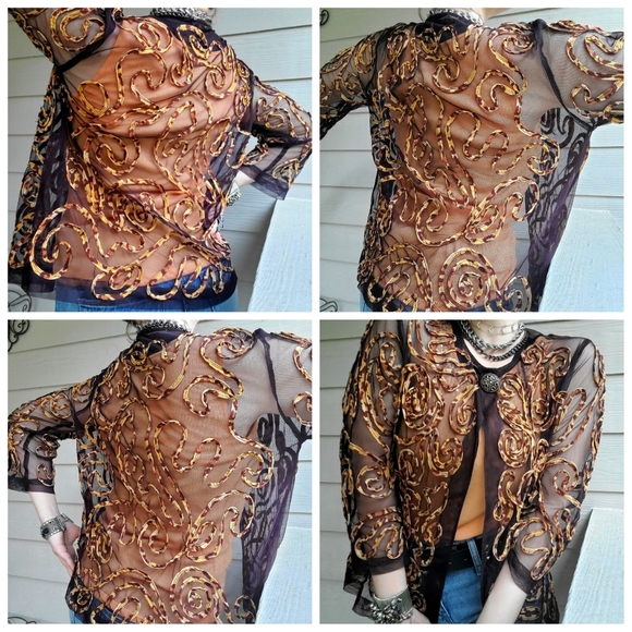 Chico's Brown Sheer Mesh Summer Cardigan w/Sewn-on Animal Print Leopard Swirls - Picture 8 of 16